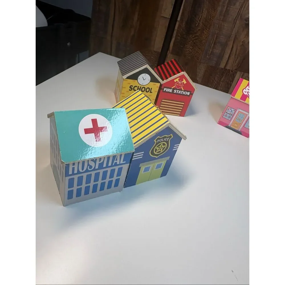 Wooden Community Buildings Pencil Holder Desk Organizer Set School Fire Station